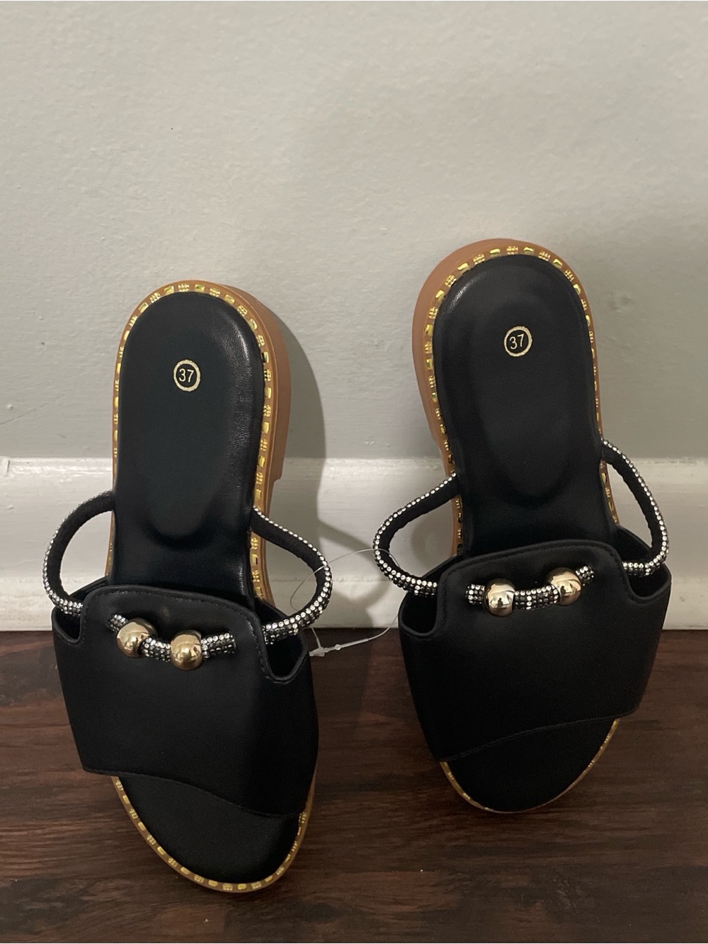 Black Slide Sandals with Gold Bead Detail